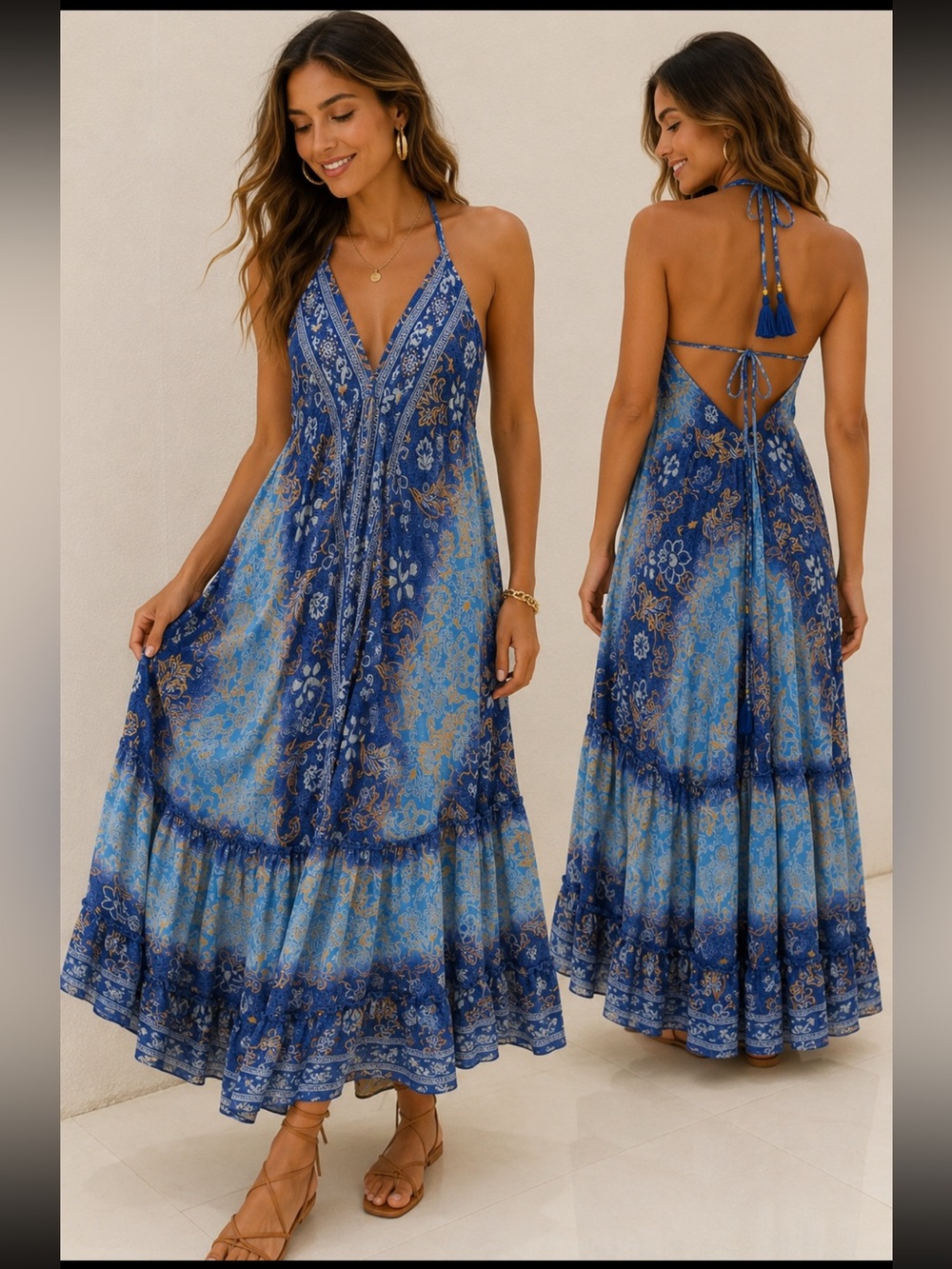 Made in India Boho Floral Halter Maxi Dress